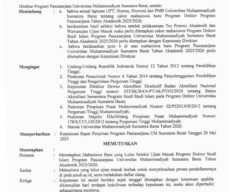 SK Kelulusan Ujian Seleksi Masuk Program Doktor Studi Islam