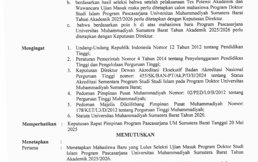 SK Kelulusan Ujian Seleksi Masuk Program Doktor Studi Islam